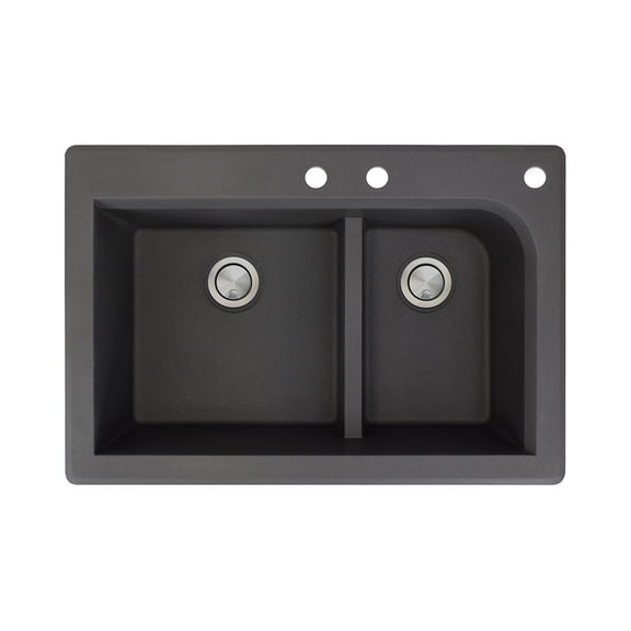 Transolid Radius 33in x 22in silQ Granite Drop-in Double Bowl Kitchen Sink with 3 CDF Faucet Holes, In Black