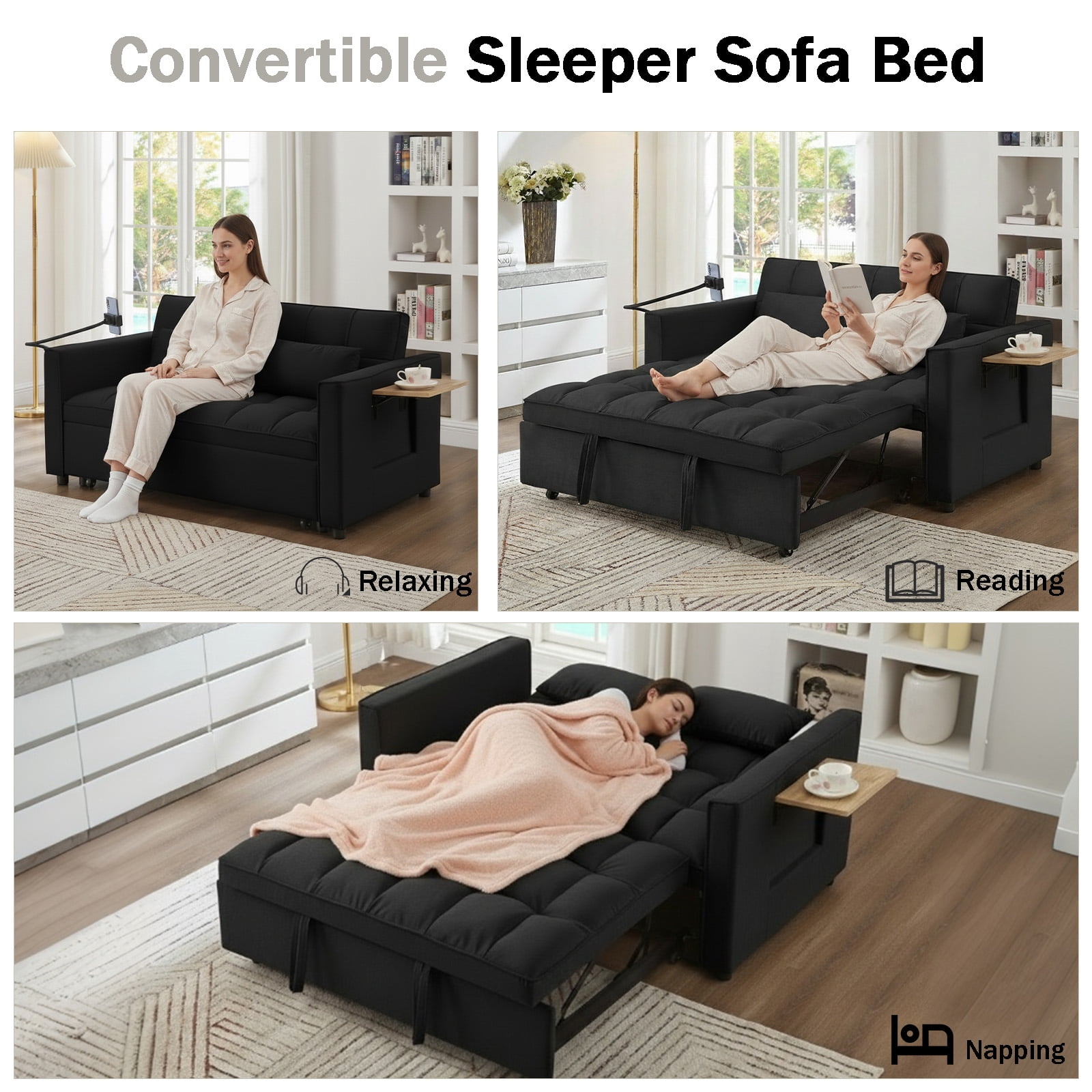 Pull Out Sofa Bed,Full-Size Sleeper Sofa,Velvet Convertible Loveseat Counch with Side Strong Pocket,Multi-Function 2-Seater Sofa Bed with Wheels for Living Room Apartment Guest Room,Black