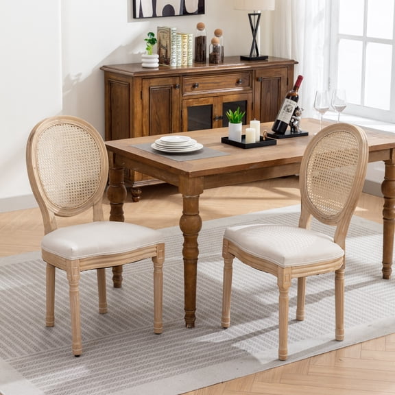 FFZ French Style Solid Wood Dining Chair Set of 2 with Rattan Back and Fabric Upholstery, Beige