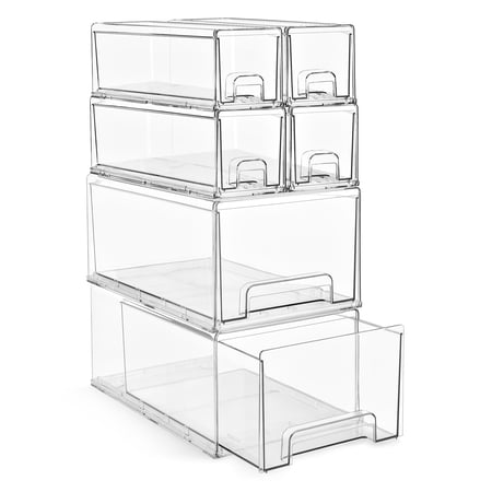Sorbus Stackable Storage Drawers, Clear Plastic Organizer Bins with Handles, 2 Large & 4 Small