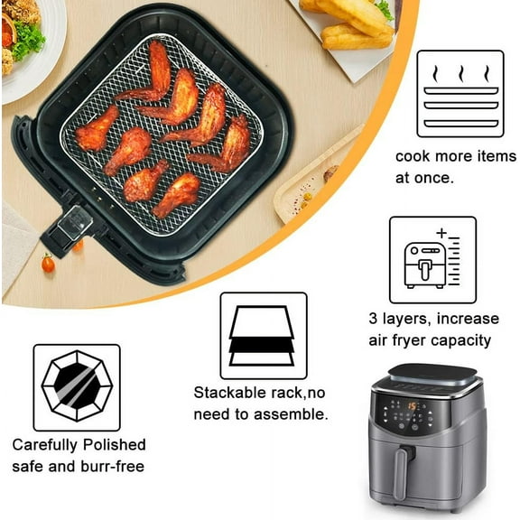 3Pcs 8 inch Square Air Fryer Basket, Stackable Multi-Layer Stainless Steel Dehydrator Rack, Square Air Fryer Accessories for 7.5L-8L Square Air Fryer and Instant Vortex Fryer