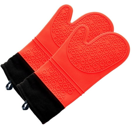 Flexible Thicker Liner Heat Resistant Bbq Grilling Non-Slip Oven Mitts Cooking Silicone Gloves Pot Holders Baking Barbecue Glove RED A PAIR