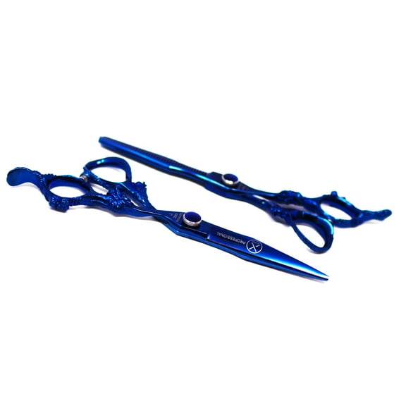 XPERSIS PRO Blue Dragon Handle Hair Cutting Sharp Barber Scissors and Thinning Shears Light weight German Made Premium Steel With Finger Rest