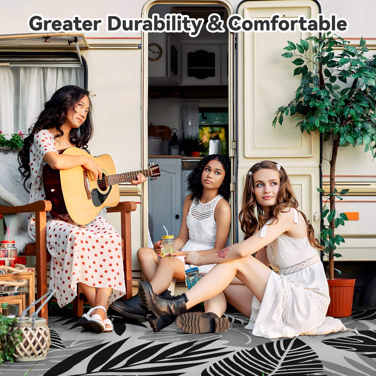VUNATE Outdoor Rug Carpet 5'x8' Waterproof Reversible Patio Rug Portable Indoor Outdoor Rug Plastic Straw Rug for Beach RV Camping Garden Picnic Deck Backyard Tropical Porch Decor Gray and Black