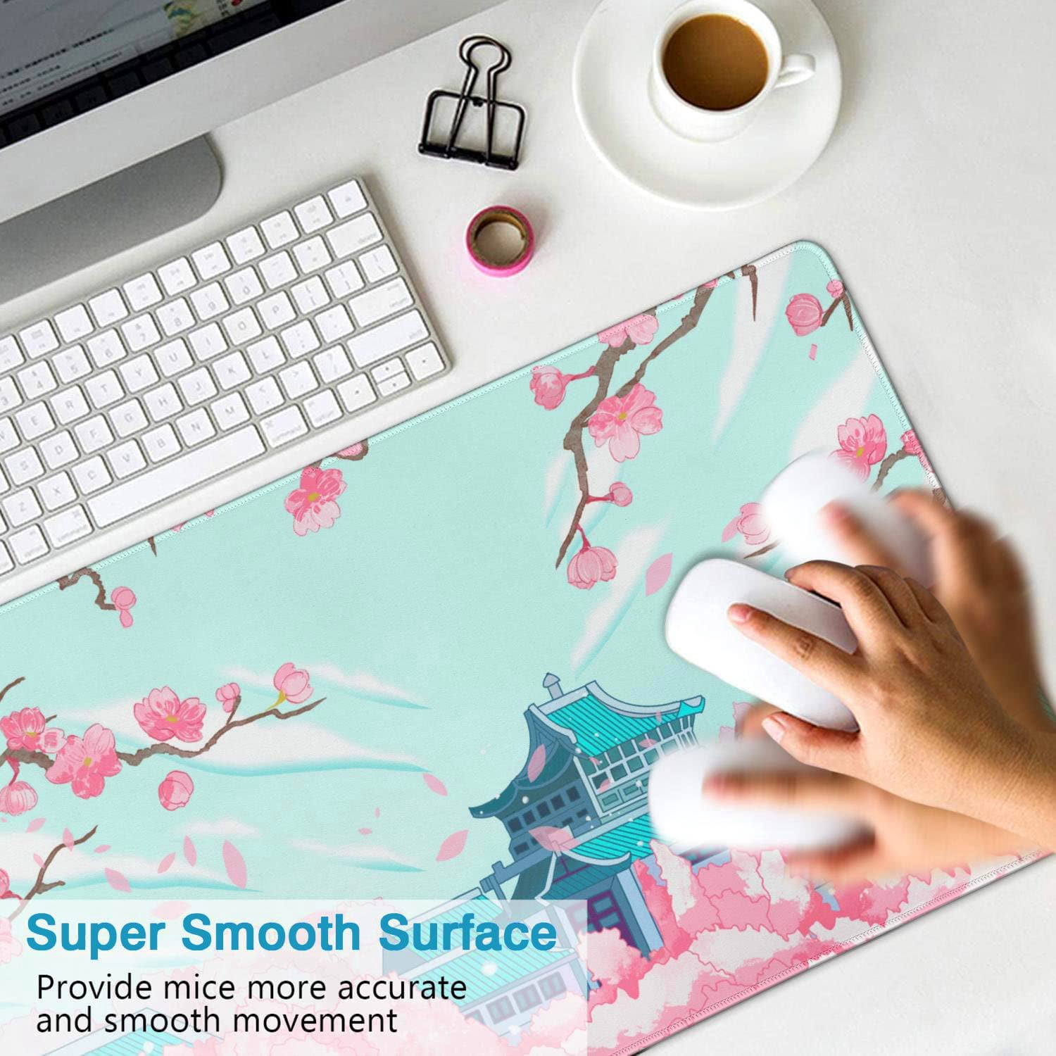 31.5x15.7in Japanese Cherry Blossom Mouse Pad Pink Mousepad No Slip Rubber Base Extended Desk Mat for Office Work Home Writing Gaming