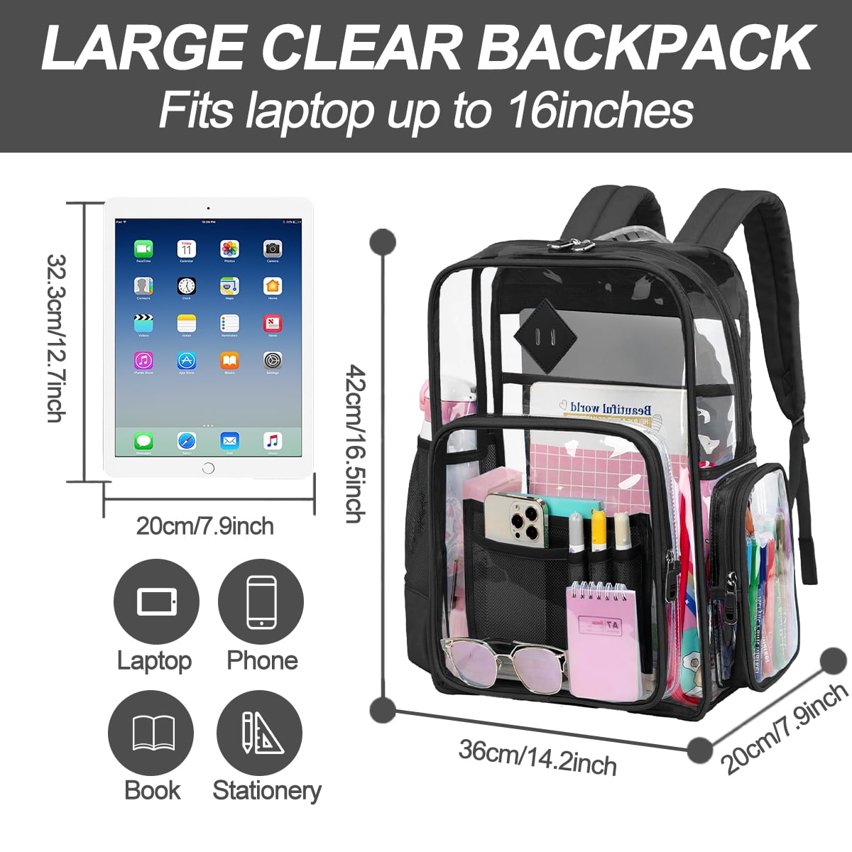Sanmadrola Clear Backpack Heavy Duty Stadium Approved School Bookbag PVC Backpacks for Adults Travel