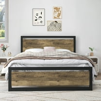 Sha Cerlin Brown Queen Size Metal Platform Bed Frame with Wooden Headboard & Footboard, Adult