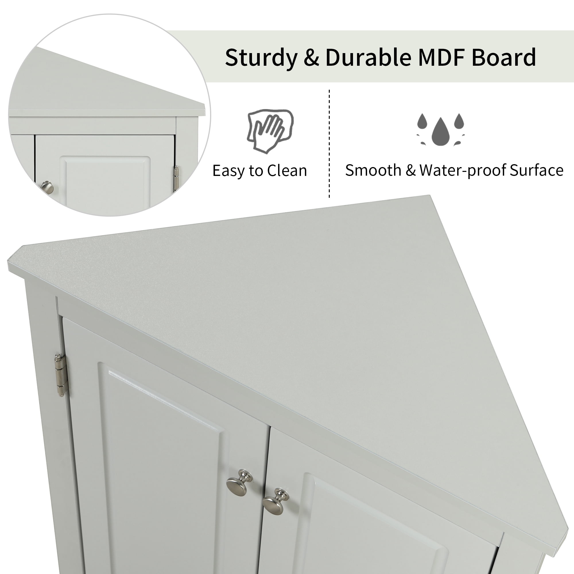 Royard Oaktree Corner Storage Cabinet with Doors and 3 Adjustable Shelves Freestanding Floor Bathroom Cabinet Modern Cupboard Organizer for Kitchen Living Room Bedroom,Grey
