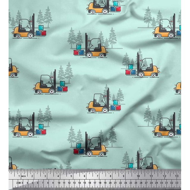 Soimoi Green Modal Satin Fabric Tree & Forklift Truck Transport Fabric Prints By Yard 42 Inch Wide