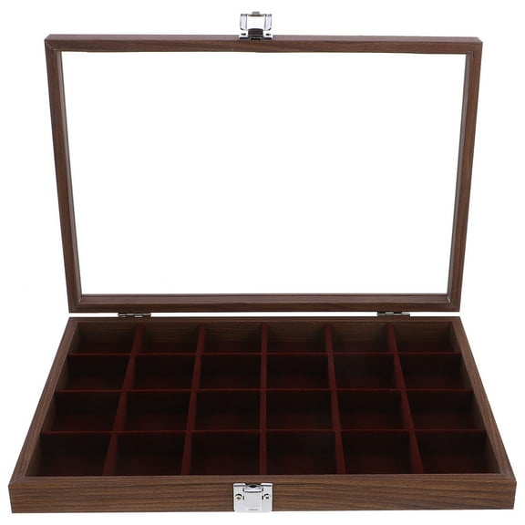 GOOHOCHY Dark Brown Compartment Tea Bag Organizer for Storage with Grids Glass and Wood, Compact and Stylish