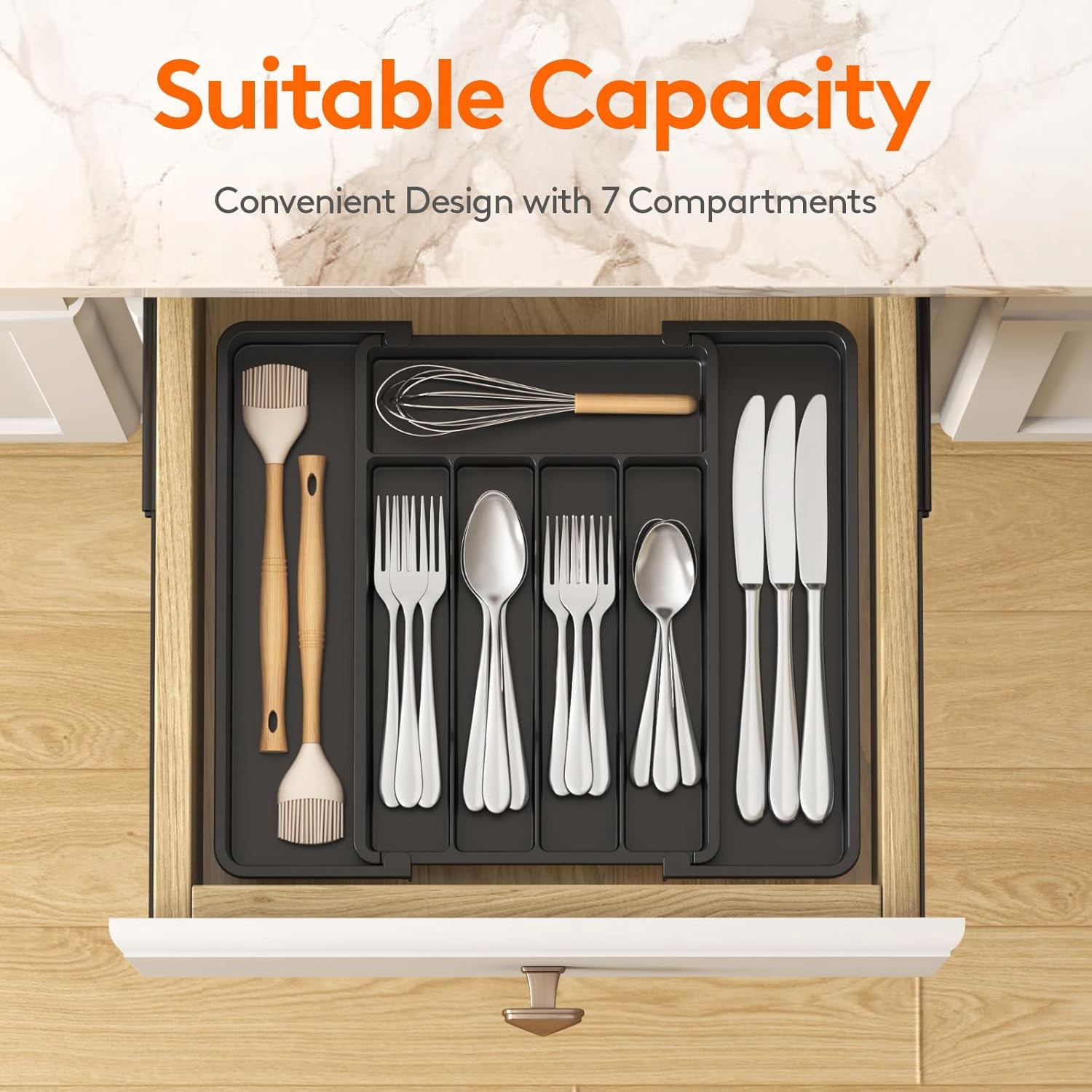 Silverware Drawer Organizer, Expandable Utensil Tray for Kitchen, BPA Free Flatware and Cutlery Holder, Adjustable Plastic Storage for Spoons Forks Knives, 8.5-14 x 12", Black