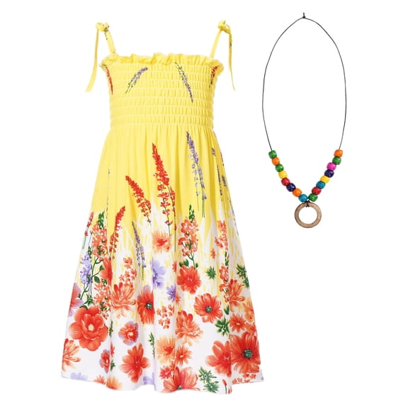 YEAHDOR Kids Girls Summer Bohemian Vacation Beach Dress Flower Sundress with Necklace Type D 140