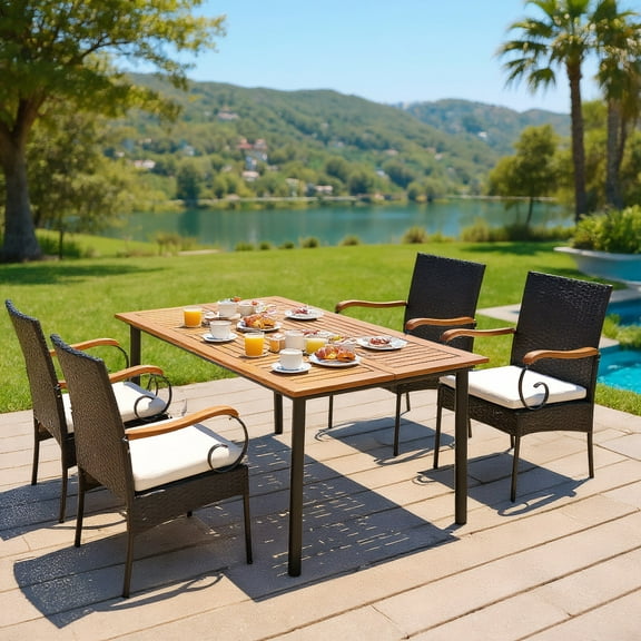 GVN Outside Patio Conversation Sets, Patio Dining Set,5 Pieces Patio Wicker Dining Set with Detachable Cushion and Umbrella Hole