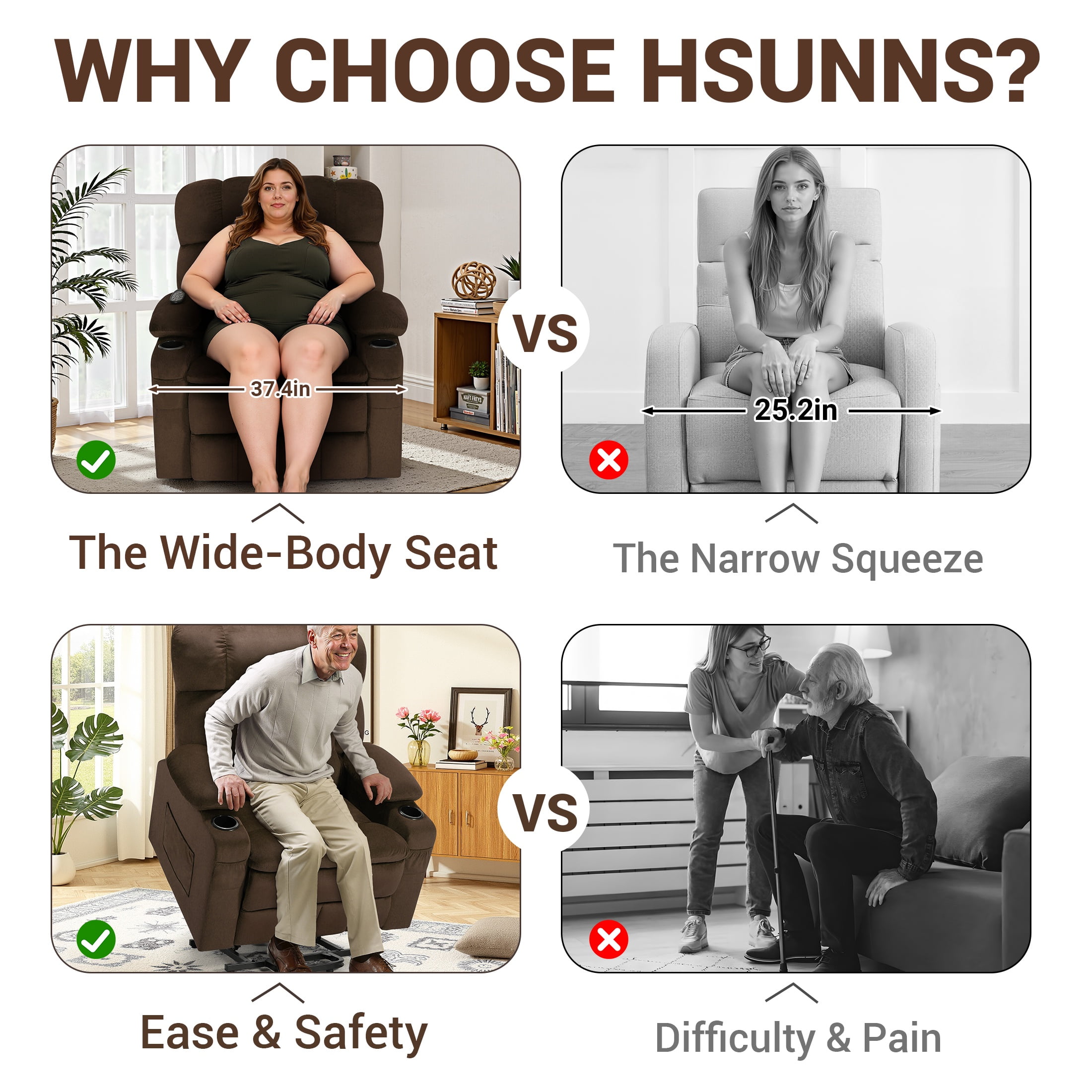 HSUNNS Large Power Lift Recliner Chair with Massage and Heat for Elderly Big and Tall People, Overstuffed Wide Recliners with 2 Cup Holders, Side Pocket for Living Room, Single Sofa, Brown