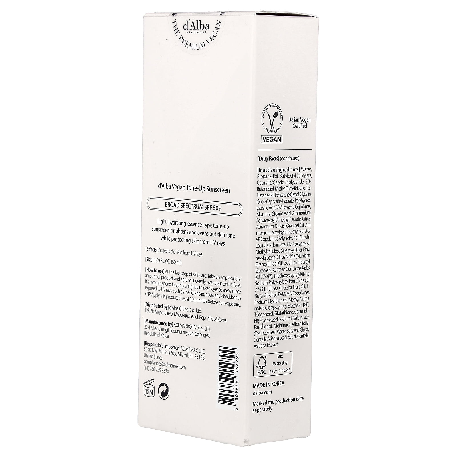 d'Alba UV Essence Waterfull+ Sunscreen, Tone-Up Pink Correcting, SPF 50+, 1.69 fl oz (50 ml)