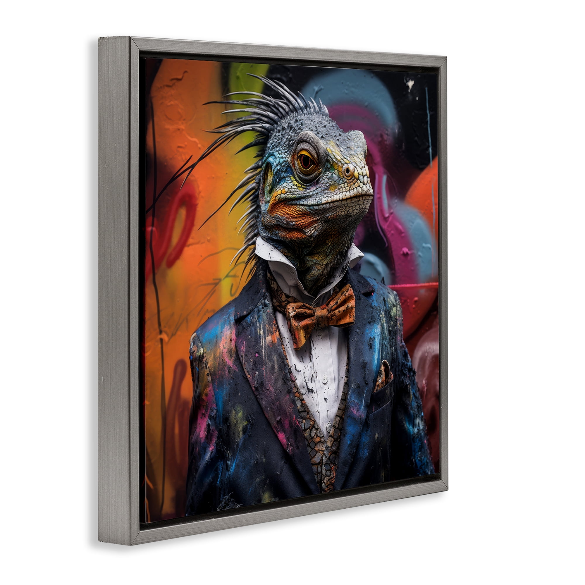 Stupell Industries Urban Graffiti Iguana Animals & Insects Painting Gray Floater Framed Canvas Art Print Wall Art, 18 x 18