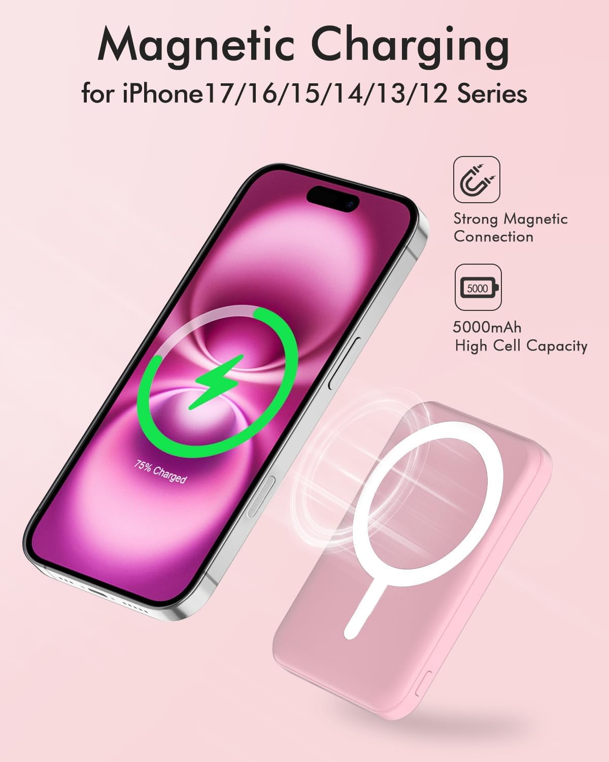 for Magsafe Battery Pack, 5000mAh Magnetic with Type-C Cable 20W PD Fast Charging Lighting Input Wireless Portable Charger for iPhone 17/16/15/14/13/12/ All Series-Pink
