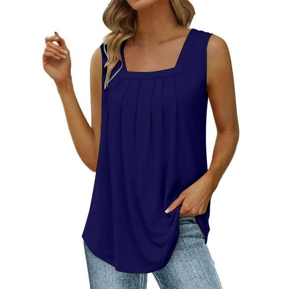 BYHONG Women's Loose Pleated Square Neck Tank Top Summer Sleeveless Vest Blouse, Plus Size Casual Top for Women Blue XXL