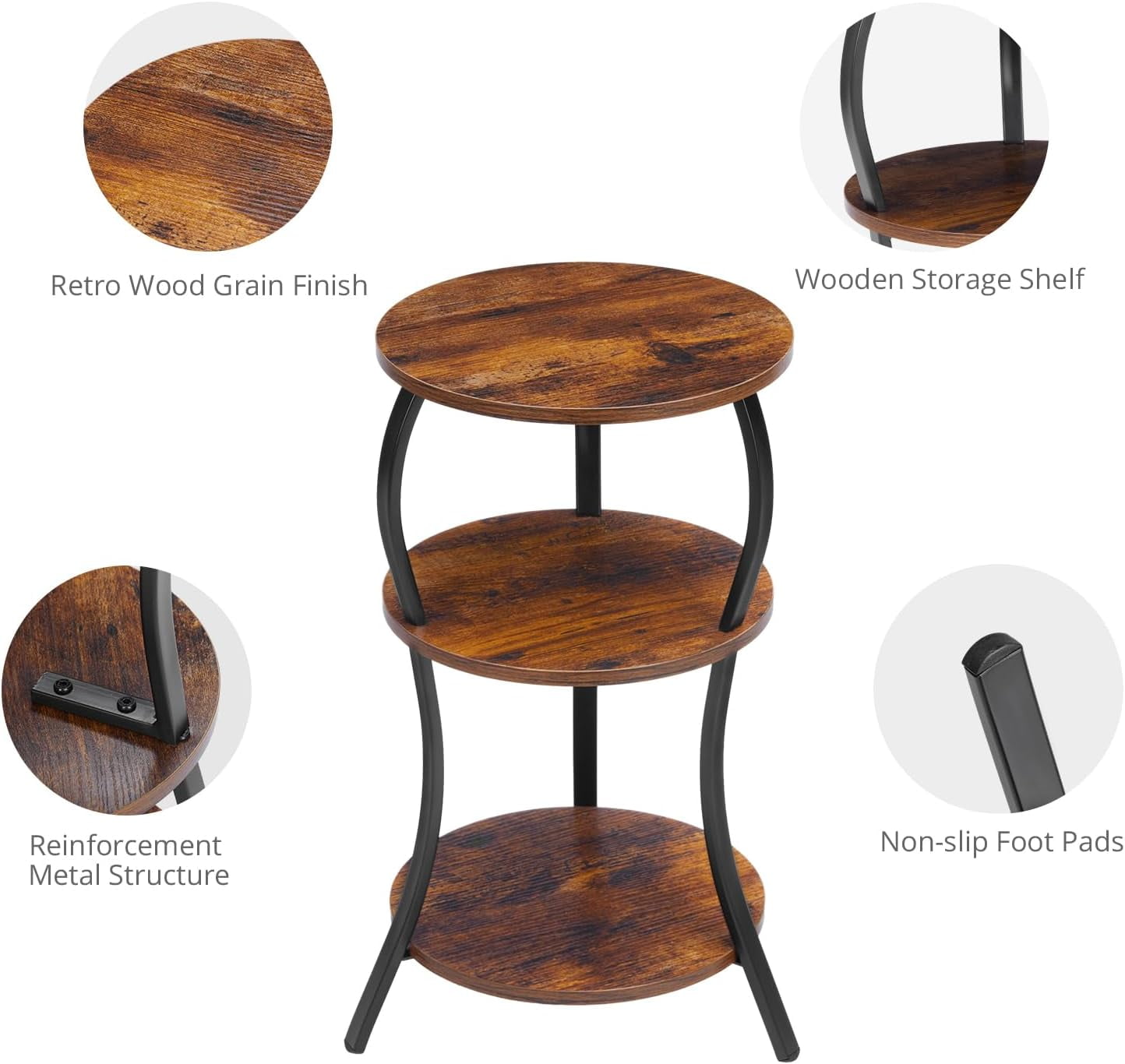 ZEXVIDA Vintage Round Side Table, 3-Tier Slim Waist End Table with Storage Shelf,Compact Tea Table Beside Sofa or Bed, Corner Coffee Table Nightstand for Living Room Bedroom Small Spaces,Rustic Brown