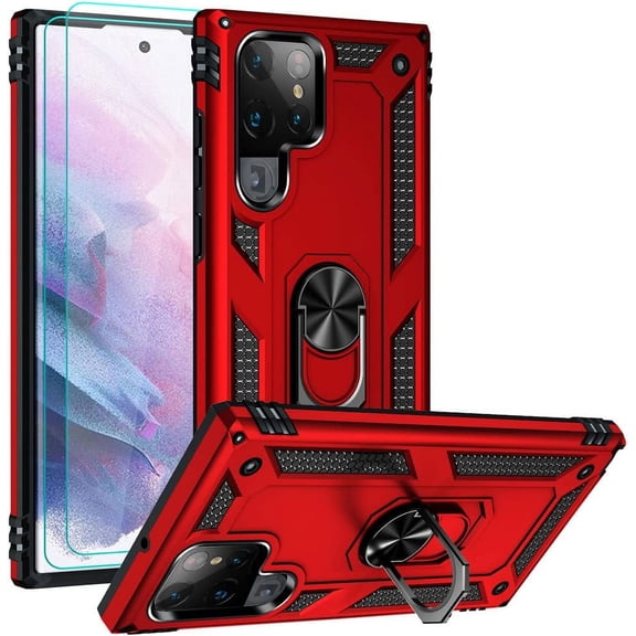 for Samsung S22 Ultra Case, Galaxy S22 Ultra Case with HD Screen Protectors, Military-Grade Metal Ring Holder Kickstand 15ft Drop Tested Shockproof Cover Case for Samsung Galaxy S22 Ultra Red