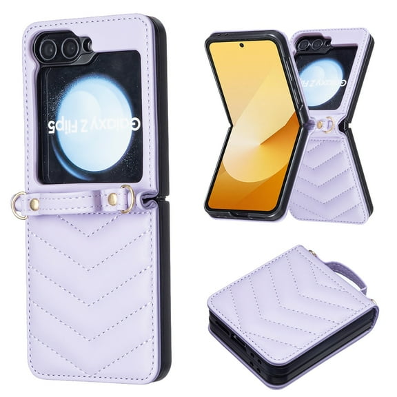 Allytechgroup for Samsung Galaxy Z Flip 7 Case with Shoulder Strap, Slim PU Leather &Soft TPU Back Cover Anti-Slip Rugged Shockproof Rubber Bumper Protective Phone Shell for Galaxy Z Flip 7, Purple