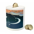 thumbnail image 3 of Moon Piggy Bank, Cartoon Style Night Sky with Swirled Clouds Stars and Moon Dotted Lines, Ceramic Coin Bank Money Box for Cash Saving, 3.6" X 3.2", Dark Blue Salmon White, by Ambesonne, 3 of 4