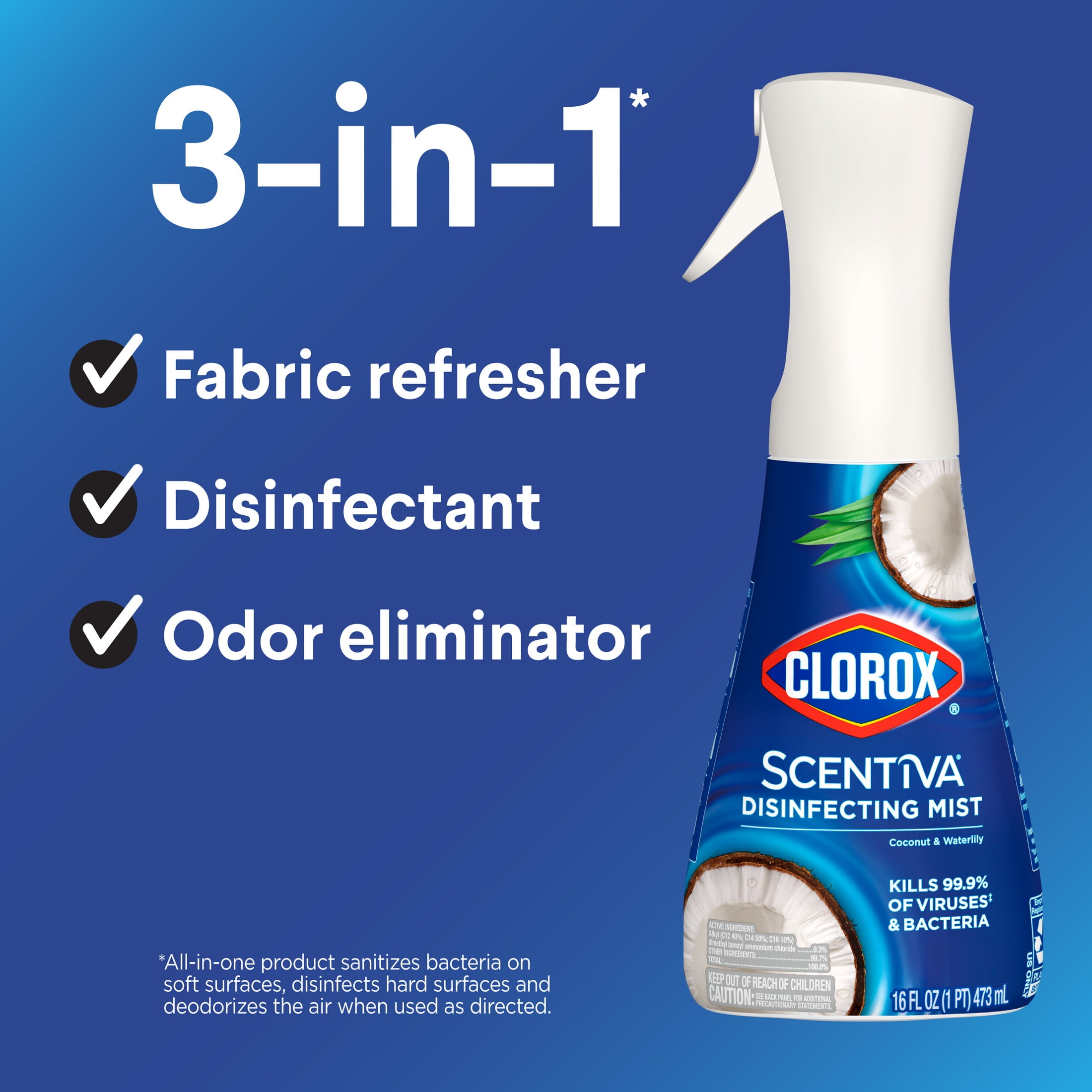 (3 pack) Clorox Scentiva Disinfecting Mist, Coconut and Waterlily, Refill, 16 Fluid Ounces