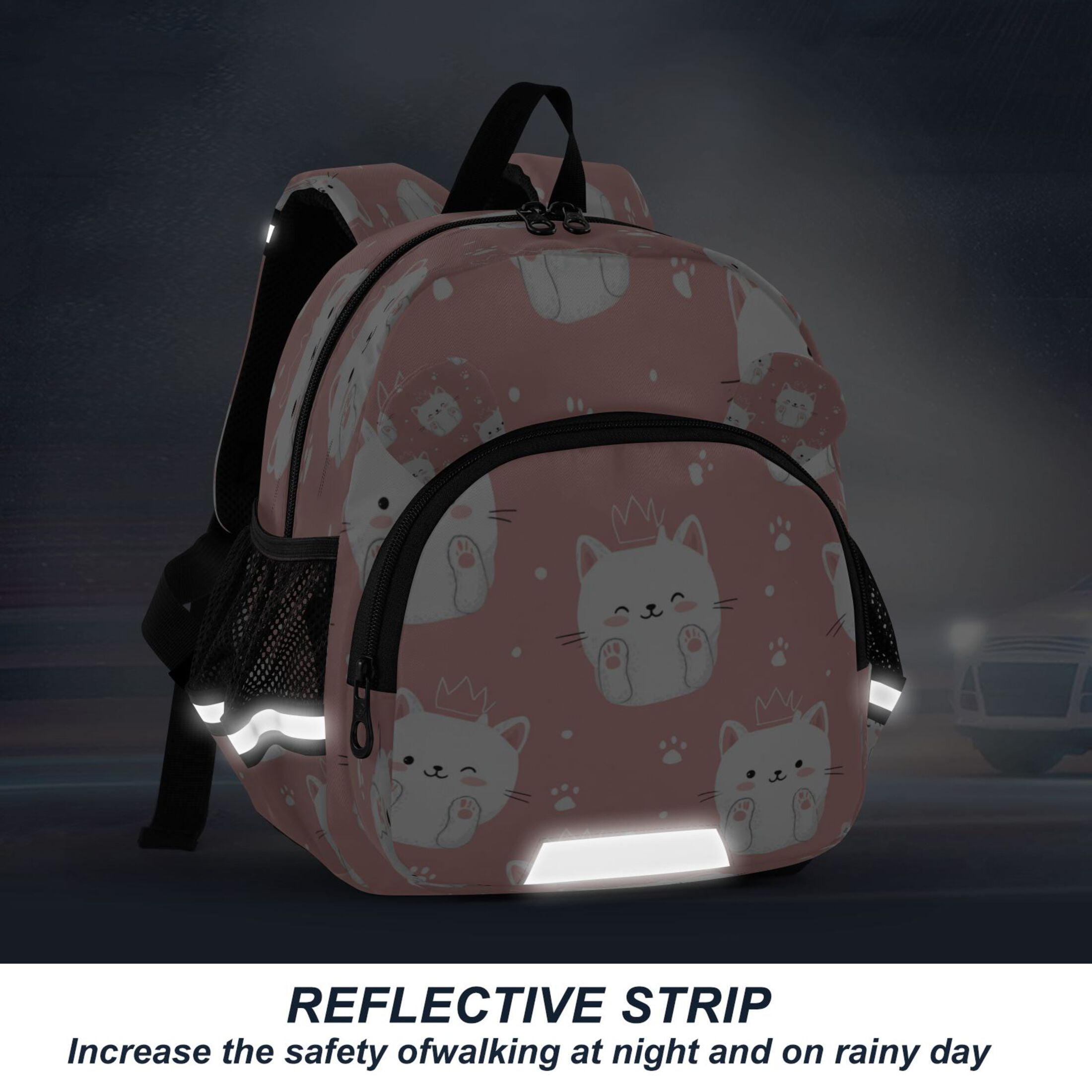 RMDQTR Adorable Ear-Print Backpack with Reflective Strip and Anti-Lost Leash Adjustable Shoulder Straps Mini Travel Backpack Kawaii White Cats