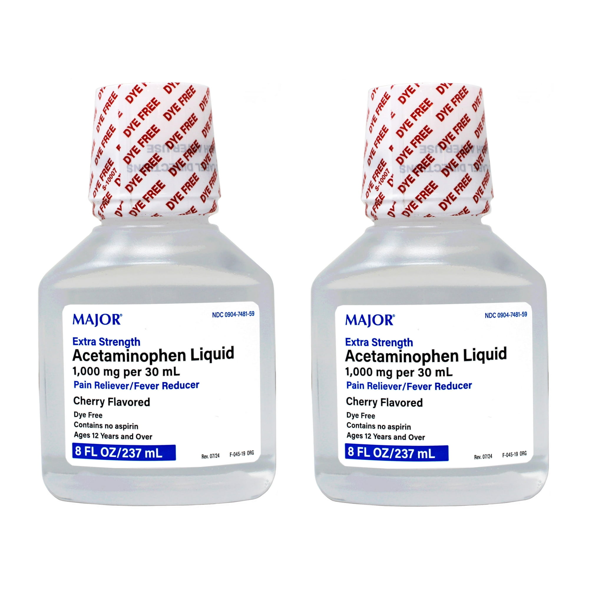 2 Pack - MAJOR Extra Strength Acetaminophen Liquid, 1000 mg per 30 mL, Pain Reliever/Fever Reducer, Cherry Flavored, Dye Free, 8 FL OZ