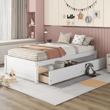 Twin Size Bed Frame with 2 Storage Drawers, Wood Single Platform Bed No Headboard, Twin Bed for Kids Teens Adults (White)