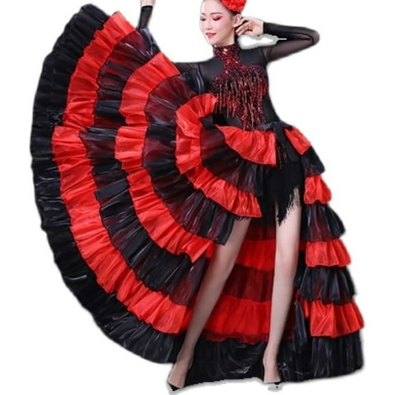 Women'S Long Flamenco Paso Doble Dance Skirt All Over Ruffled Self Tie Up Mexico Halloween