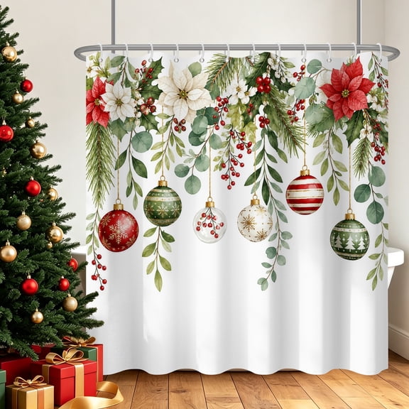 Tchckioa 72x72 Inch Shower Curtain for Bathroom,Christmas Green Leaves Ball Waterproof Hooks Bath Curtain