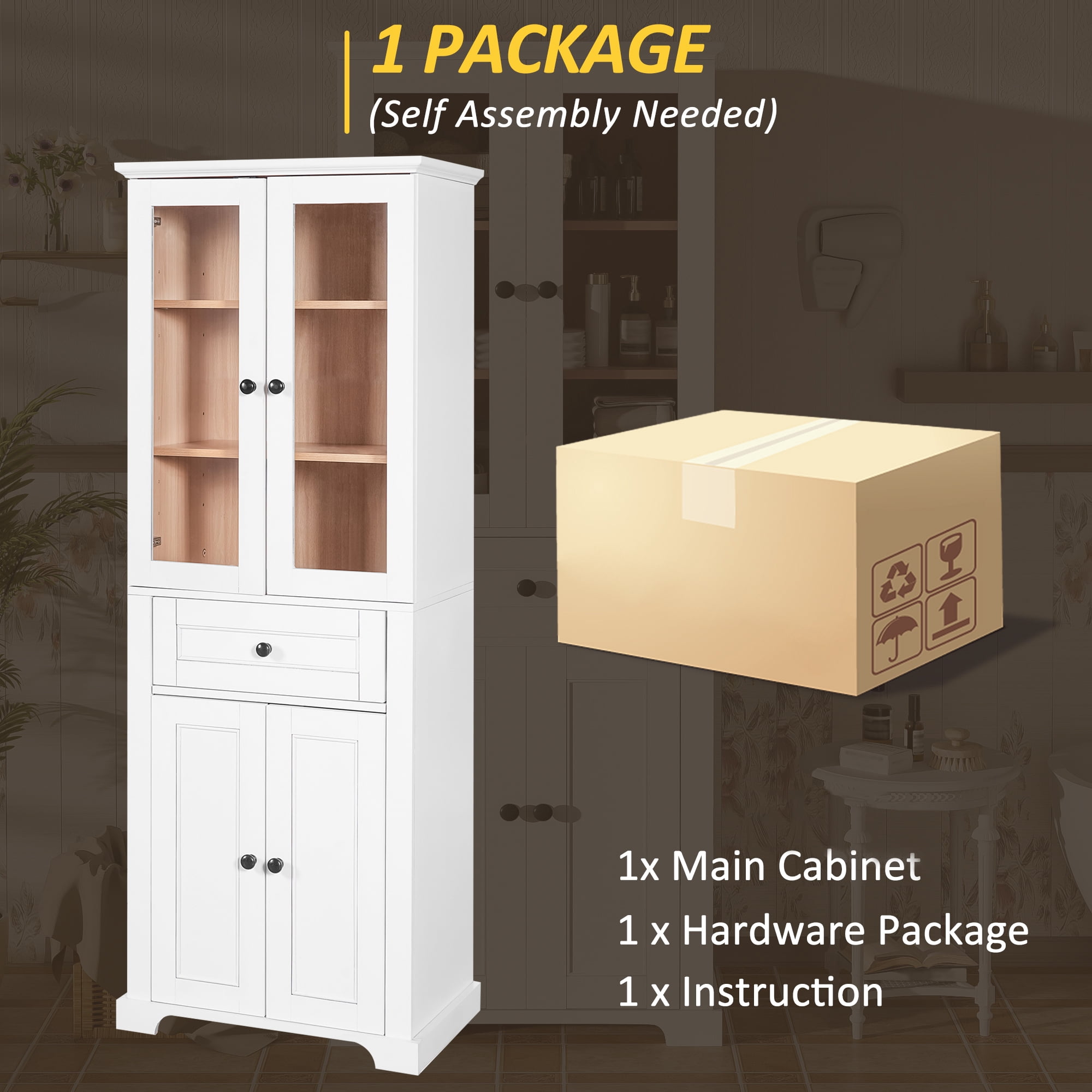 Tall Bathroom Storage Cabinet with 4 Tempered Glass Doors, Adjustable Shelves, Soft Close Drawer and Anti-Tip Kit, Freestanding Linen Tower, 67.2 Inch in White