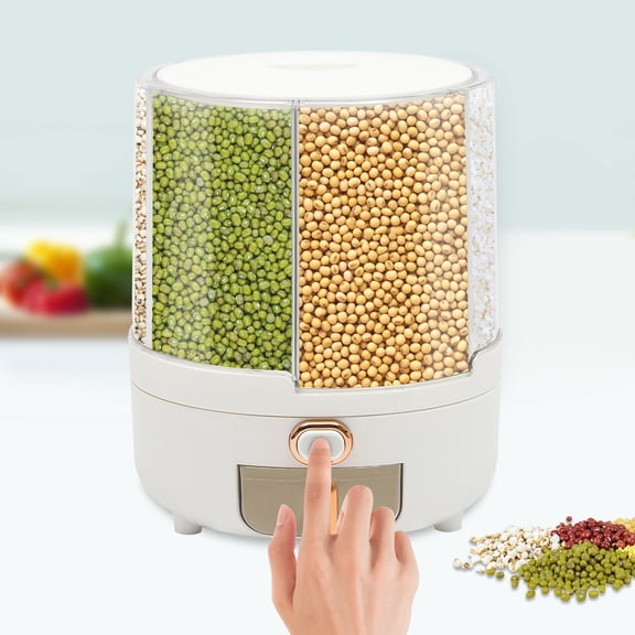 ToppiJoy 360° Rotatable Cereal Dispenser, Visible Round Multigrain Tank Cup Dry Rice Container, for Storage Small Beans (6 Compartments, White)