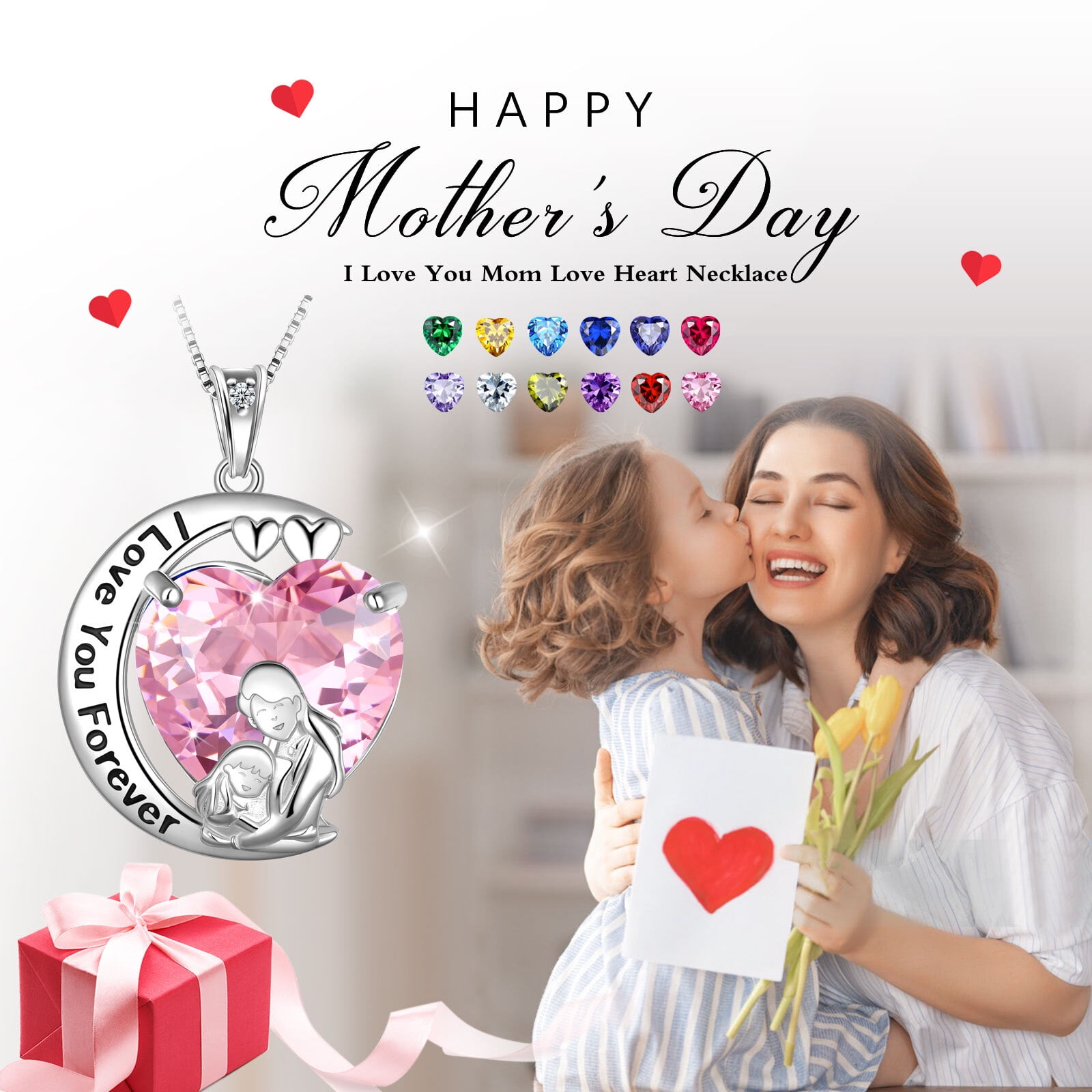 Juwaliy Moon Heart Mother and Daughter Necklace 925 Sterling Silver Blue Sapphire September Birthstone Pendant Jewelry Women Birthday Christmas Mothers Day Gift