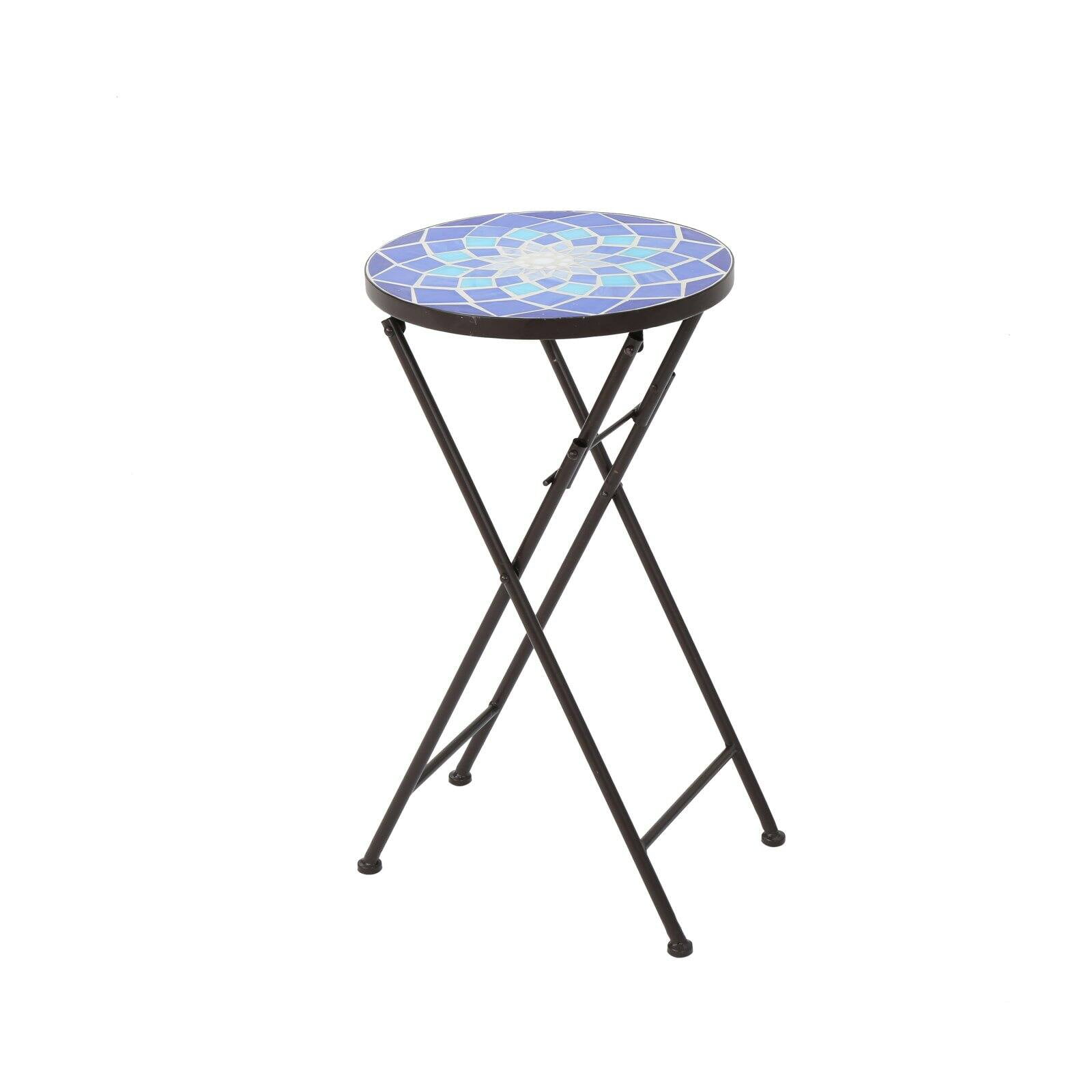 Azure Blue and White Glass Top Patio Side Table