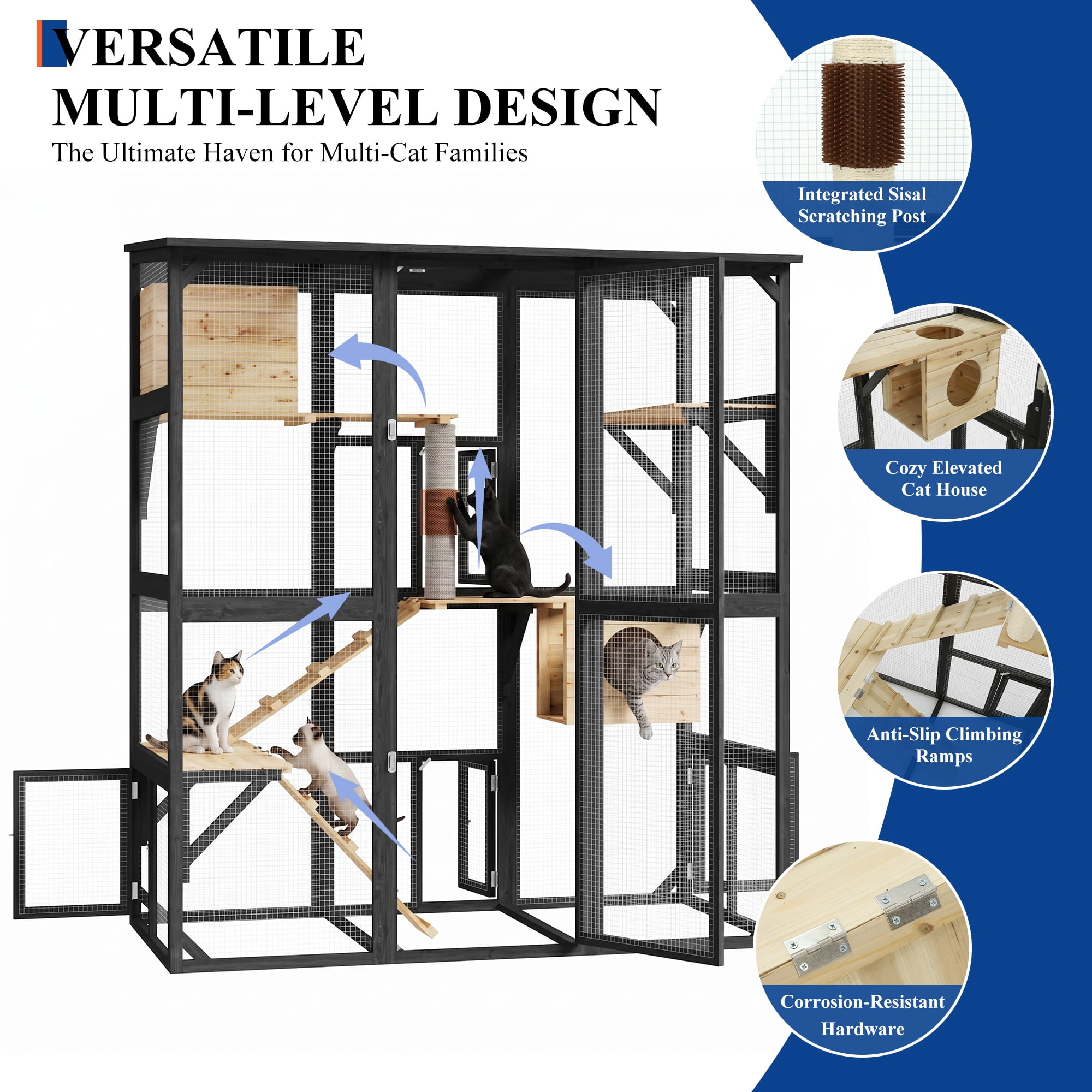 ANPOO 63''Luxury Walk-In Outdoor Catio, Large Wooden Cat Enclosure with Sloped Weatherproof Roof, Multi-Level Cat House with Cat Condo, Sisal Post & Ramps, Escape-Proof Cat Cage for Multiple Cats
