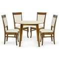 thumbnail image 2 of Wickerix 5 Piece Dining Set, 4 Classic Style Solid Wood Ronda Upholstered Chairs w Round Dining Table, Kitchen Set for Four, Living Room Set, Medium Brown Finish Beige Fabric, 2 of 7