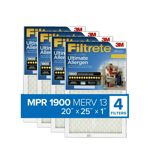 Filtrete 20x25x1 Air Filter, MPR 1900 MERV 13, Ultimate Allergen Reduction, 4 Filters
