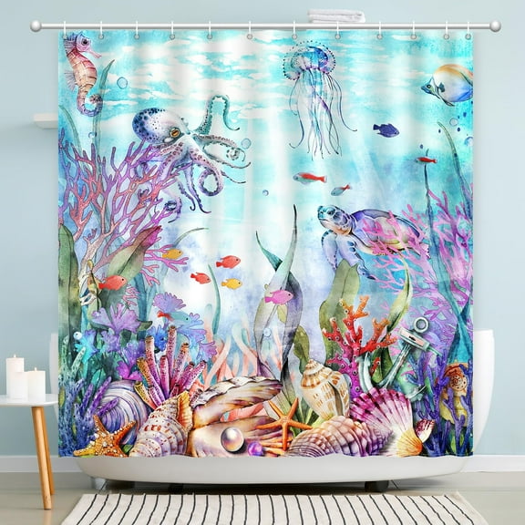 Blue Ocean Seaworld Shower Curtain, Marine Life Shower Curtain Beach Turtle Octopus Sea Horse Coral Star Conch Fish Shower Curtain Sets Washable Home Office Decor Bath Curtain