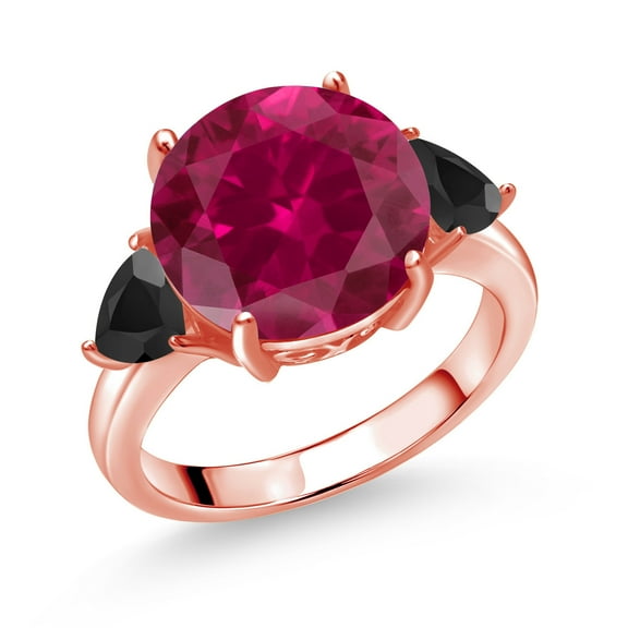 Gem Stone King 18K Rose Gold Plated Silver Red Created Ruby and Black Onyx 3-Stone Ring for Women (7.72 Cttw, Round 12MM, Trillion 5MM, Size 8)