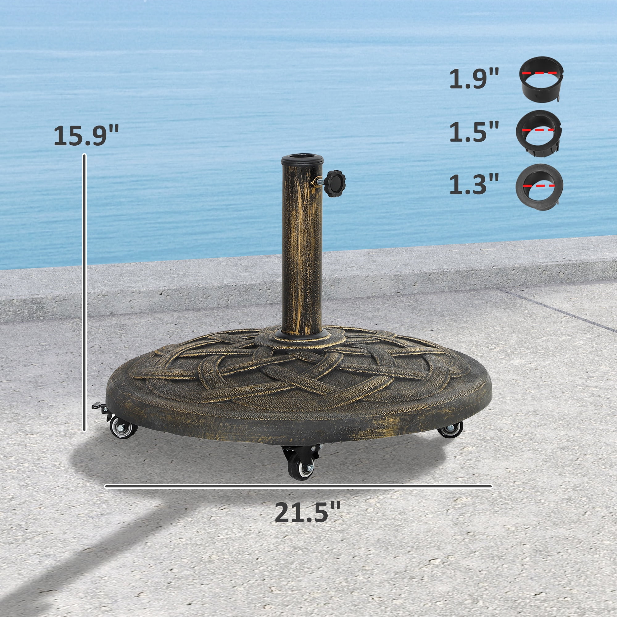 Outsunny Round Patio Umbrella Base with Wheels, 44 lbs Resin Umbrella Stand Base, Patio Umbrella Holder for 1.3"/1.5"/1.9" Umbrella Poles, Bronze