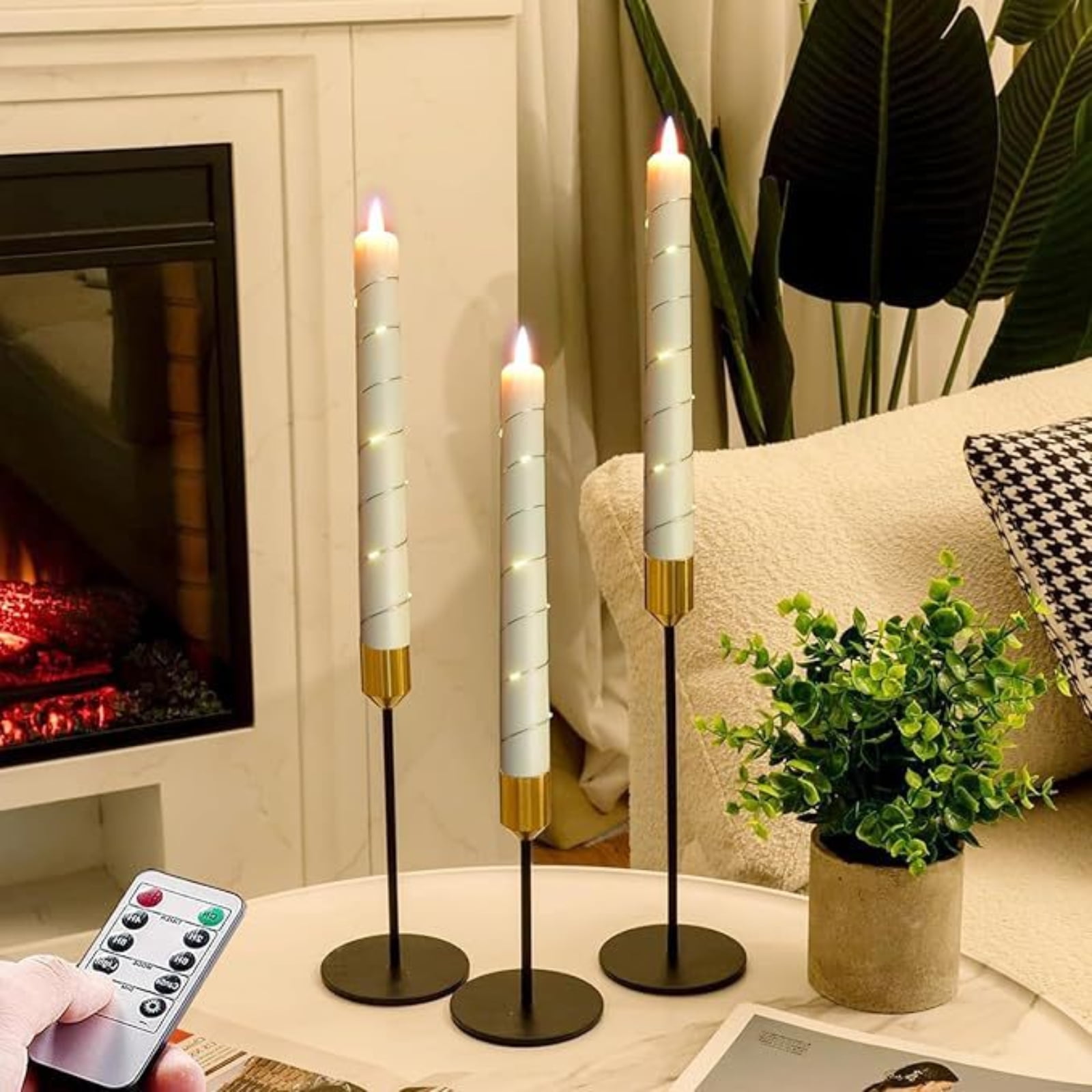 9.8Inch Flameless Taper Candles with Remote and String Lights, Ivory Real Wax Taper Candles Battery Operated, LED Flameless Battery Candlesticks for Wedding, Party, Home Decorations (Set of 6)