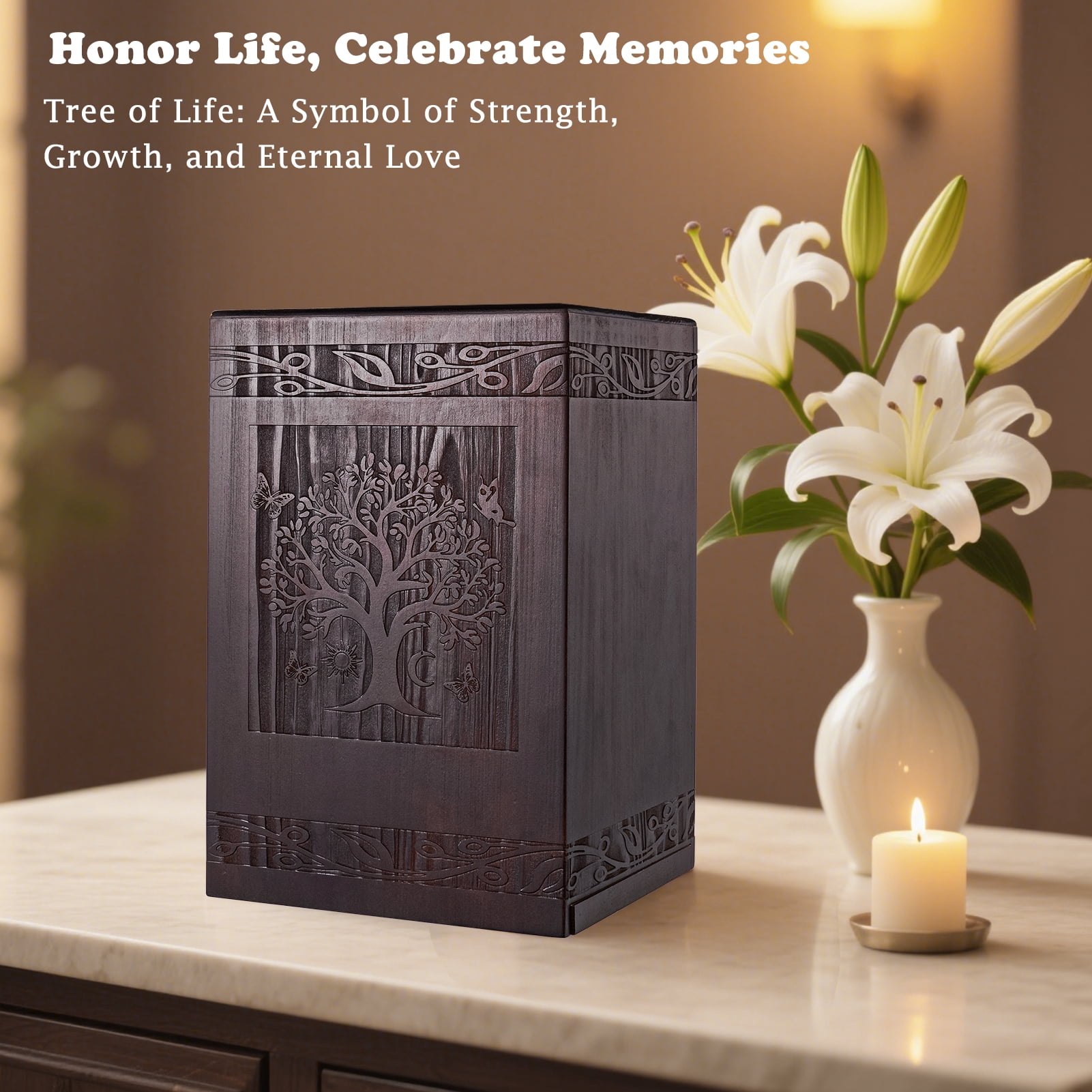 XIUDA Cremation Urns for Human Ashes Adult Male Female, Wooden Tree of Life Medium Keepsake Urns for Ashes, Burial Funeral Memorial Decorative Urns for Men Women Pets Dog Urn- Up to 200 lbs