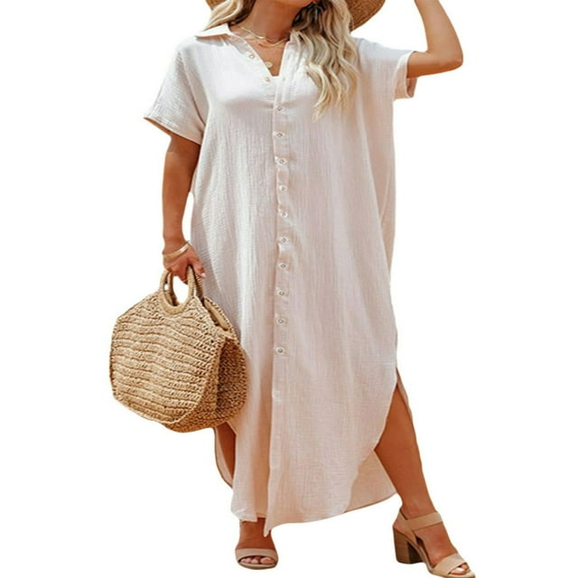 Robe de Plage pour Femmes, Cache-Maillot, Manches Courtes, Fente Latérale, Boutonnée, Longue Robe-Chemise, Cardigan, Robe Maxi de Plage, Bleu, G