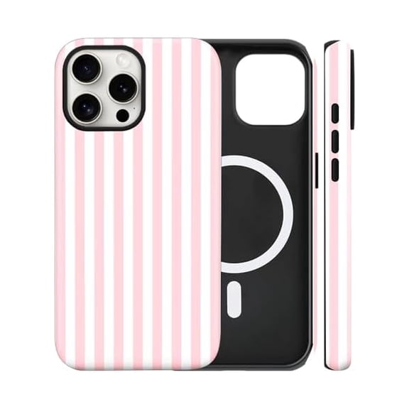 Magnetic for iPhone 16 Pro Case Cute Stripes Phone Case, Shockproof Slim TPU and Hard PC Protective Phone Cover Compatible with MagSafe Designed for Women Girls, Pink and White