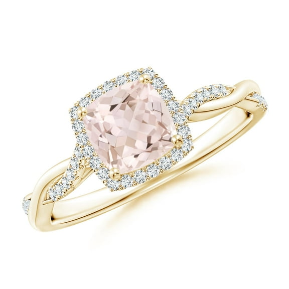 ANGARA Natural Twisted Shank Cushion Morganite Halo Engagement Ring in 14K Yellow Gold for Women | Birthday, Anniversary, Jewelry Gift for Women | Natural Morganite Ring