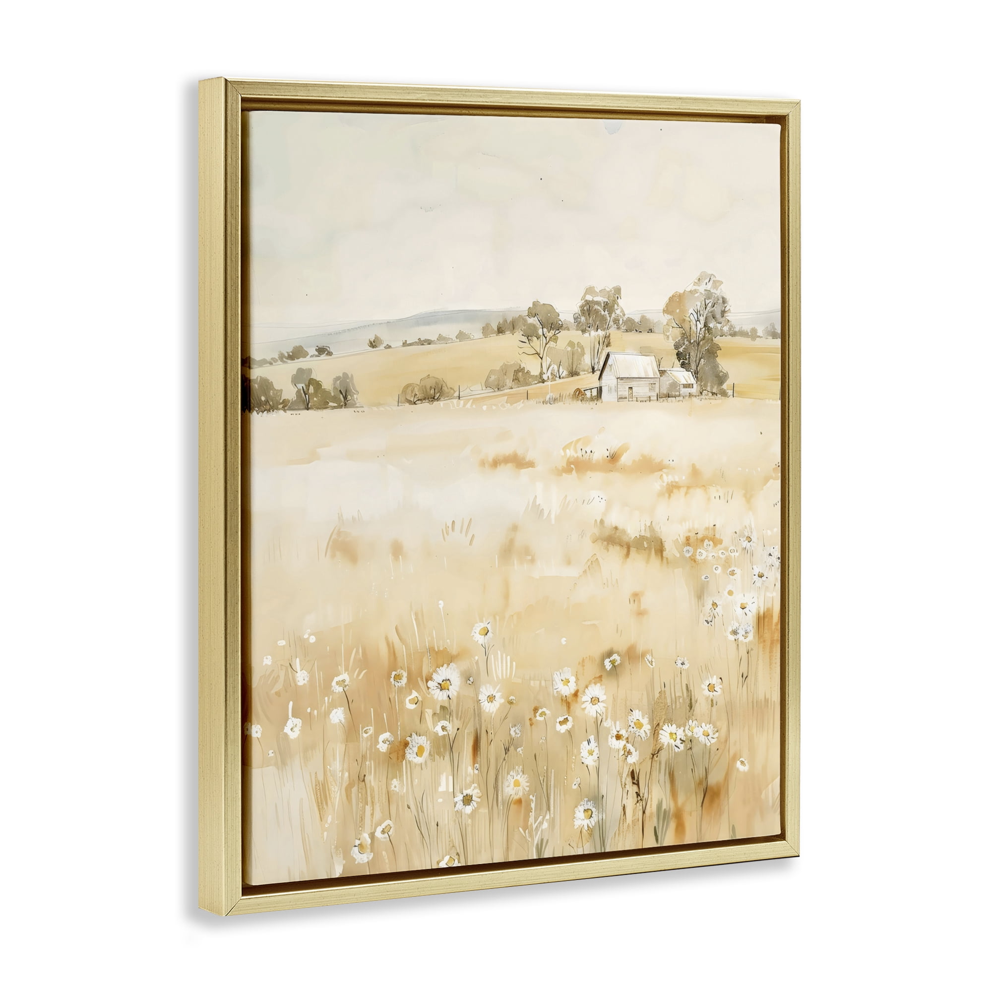 Stupell Industries Farm Country Meadow with Daisies Gold Framed Floater Canvas Wall Art, design by Creative Studio