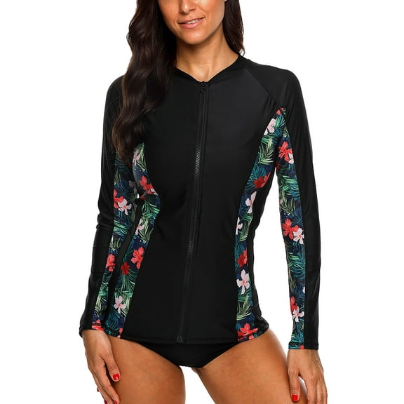 Charmo Women's Zip Front Rash Guard Long Sleeve Rashguard Top Sun Protection Swim Shirt
