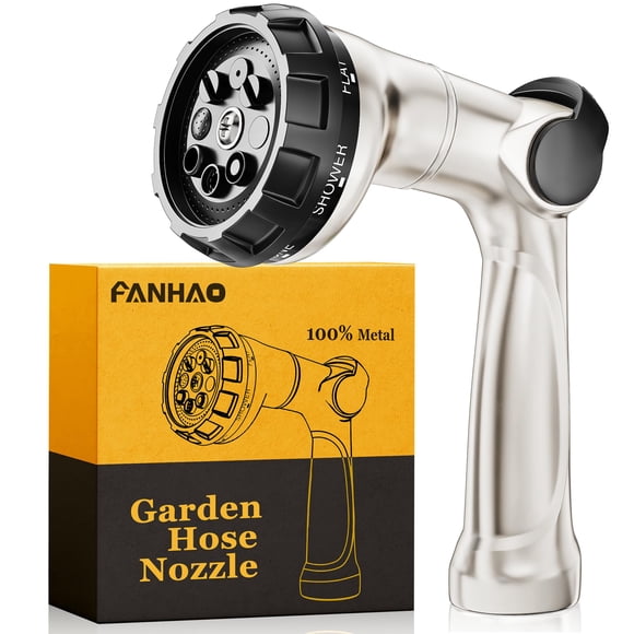 FANHAO Professional Heavy Duty Garden Hose Nozzle, 100% Metal Thumb Control Water Hose Sprayer with 8 Spray Patterns, High Pressure Water Nozzle for Lawn & Plant Watering